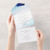 Modern Script Waterverf Indigo Blue Wedding All In One Uitnodiging (Afscheurbaar)