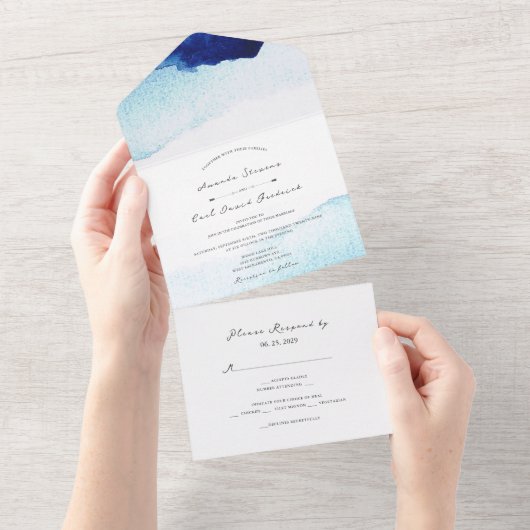 Modern Script Waterverf Indigo Blue Wedding All In One Uitnodiging (Afscheurbaar)