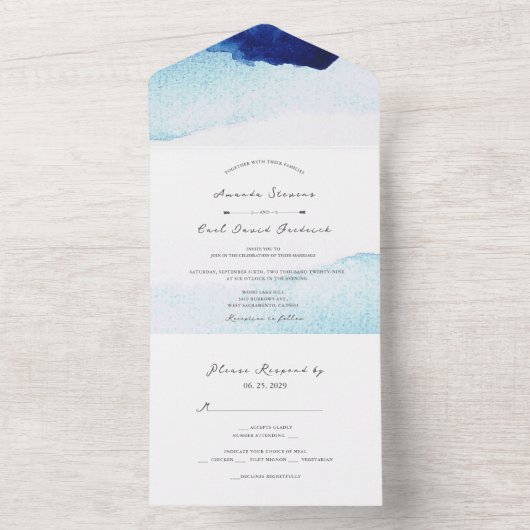 Modern Script Waterverf Indigo Blue Wedding All In One Uitnodiging (Binnen)
