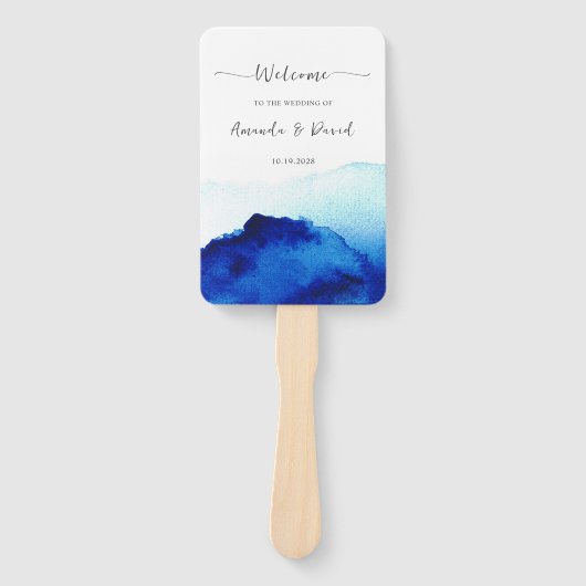 Modern Script Waterverf Indigo Blue Wedding Handwaaier (Voorkant)