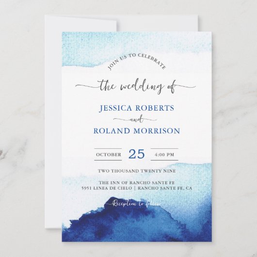 Modern Script Waterverf Indigo Blue Wedding Kaart (Voorkant)