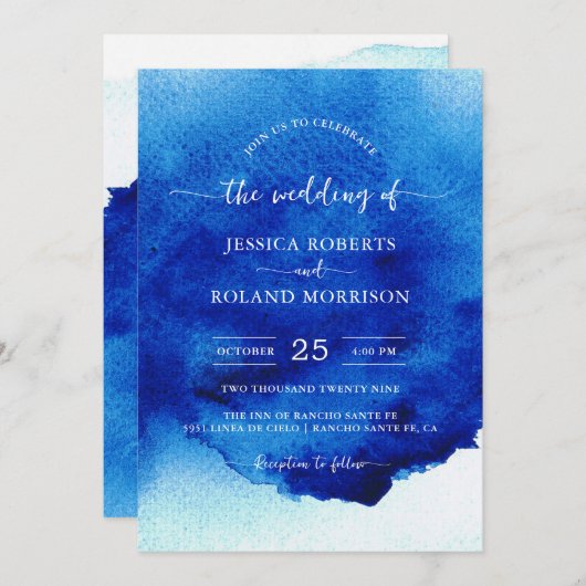 Modern Script Waterverf Indigo Blue Wedding Kaart (Voorkant / Achterkant)