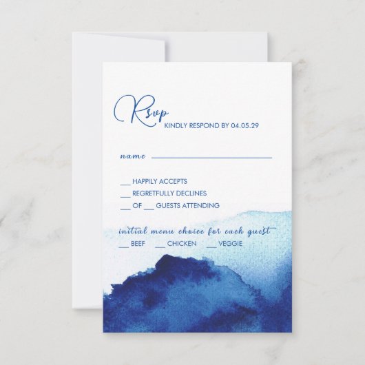 Modern Script Waterverf Indigo Blue Wedding RSVP Kaartje (Voorkant)