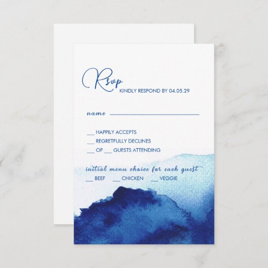 Modern Script Waterverf Indigo Blue Wedding RSVP Kaartje (Voorkant / Achterkant)