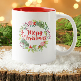Modern Script Waterverf Merry Christmas Wreath Tweekleurige Koffiemok