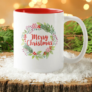 Modern Script Waterverf Merry Christmas Wreath Tweekleurige Koffiemok