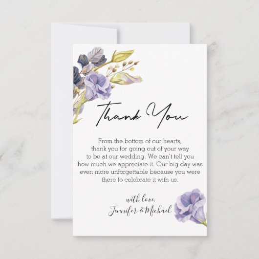 Modern script waterverf paarse bloemenbruiloft bedankkaart (Voorkant)