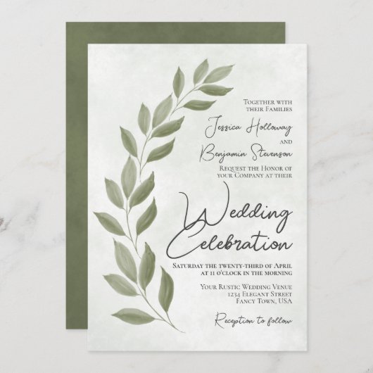 Modern Script Waterverf Sage Greenery Wedding Kaart (Voorkant / Achterkant)