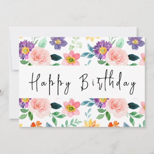 Modern Script Waterverf Wildflower Happy Birthday Kaart (Voorkant)