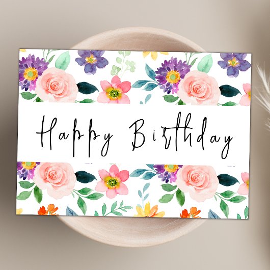 Modern Script Waterverf Wildflower Happy Birthday Kaart