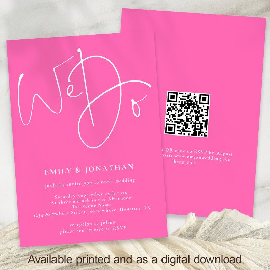 Modern script We doen QR Code Hot Pink Wedding Kaart