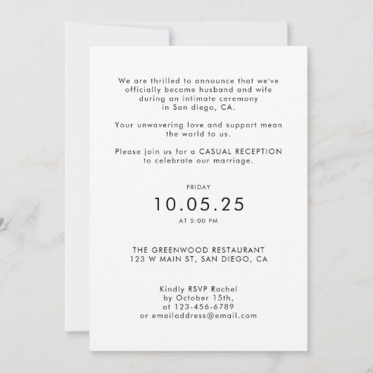 Modern script We Eloped Foto Bruiloft Receptie Kaart (Achterkant)