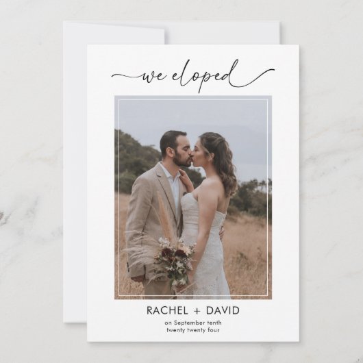 Modern script We Eloped Foto Bruiloft Receptie Kaart (Achterkant)