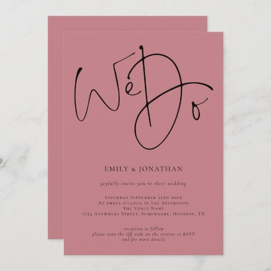 Modern script we gebruiken Dusty Roos QR Code Wedd Kaart (Voorkant / Achterkant)