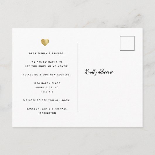Modern script We hebben Gold Heart Photo Moving Aankondigingskaart (Achterkant)