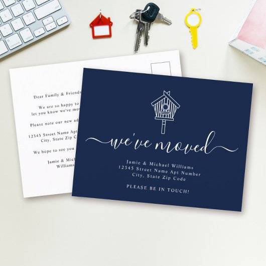 Modern Script We hebben Navy Bird House Moving Aankondigingskaart