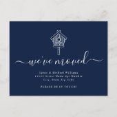 Modern Script We hebben Navy Bird House Moving Aankondigingskaart (Voorkant)