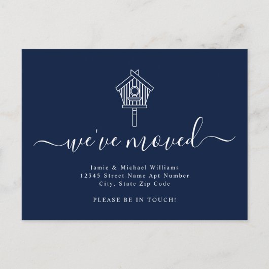 Modern Script We hebben Navy Bird House Moving Aankondigingskaart (Voorkant)