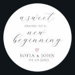 Modern script Wedding Benefat Treat Ronde Sticker<br><div class="desc">Moderne script "een zoete einddatum voor een nieuw begin" Wedding-labels voorzien van bruidgom namen en trouwdatum voor dank je de buffet koekjesbar.</div>