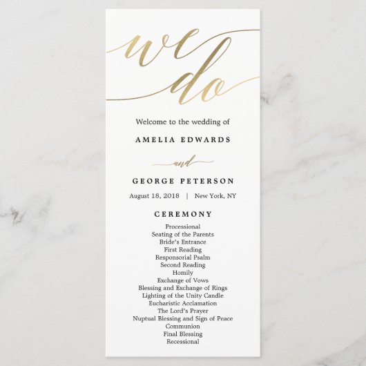 Modern Script Wedding Ceremony Program Faux Gold Programmakaart (Voorkant)