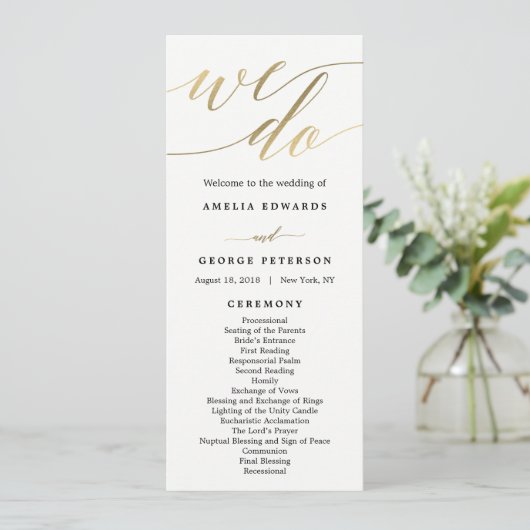 Modern Script Wedding Ceremony Program Faux Gold Programmakaart (Staand voorkant)