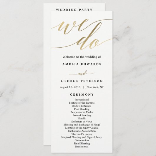 Modern Script Wedding Ceremony Program Faux Gold Programmakaart (Voorkant / Achterkant)