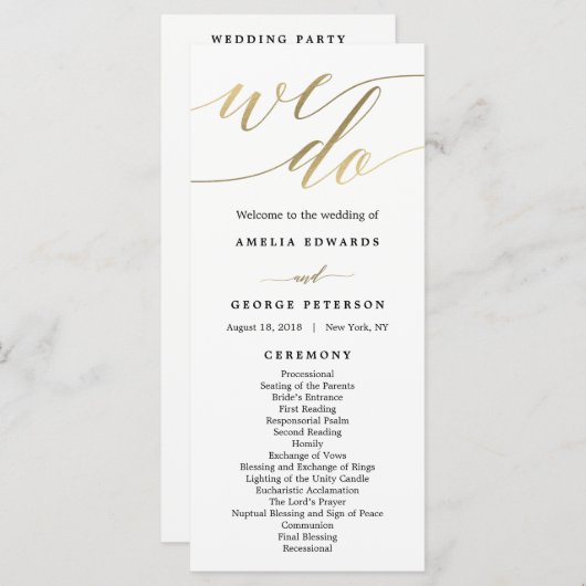 Modern Script Wedding Ceremony Program Faux Gold Programmakaart (Voorkant / Achterkant)