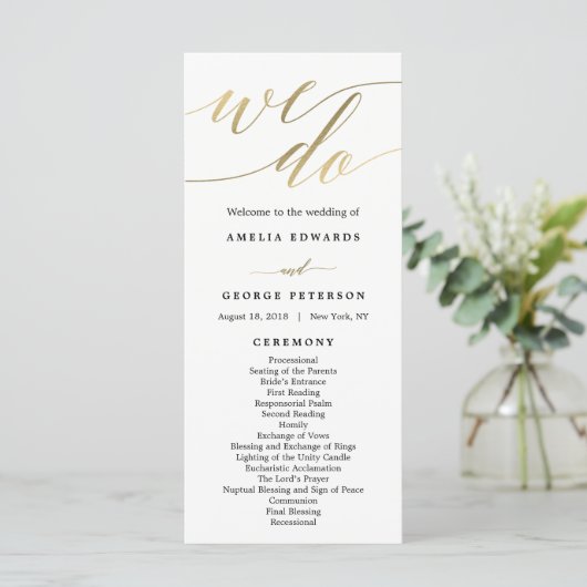 Modern Script Wedding Ceremony Program Faux Gold Programmakaart (Staand voorkant)