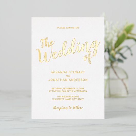Modern Script Wedding Gold Folie Uitnodiging (Staand Voorkant)