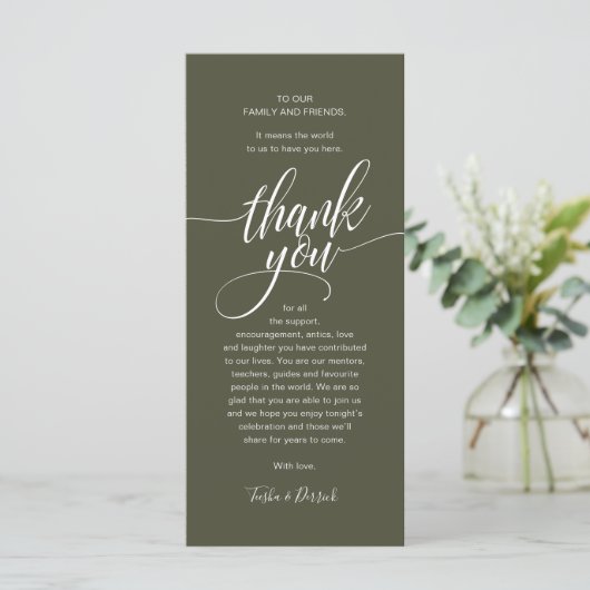Modern Script Wedding Guest Dinner Dank u kaart (Staand voorkant)