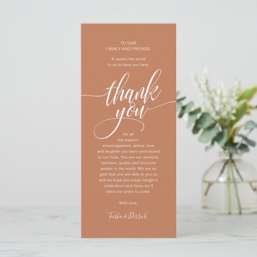 Modern Script Wedding Guest Dinner Dank u kaart (Staand voorkant)