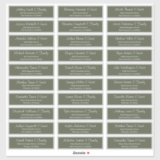 Modern Script Wedding Guest Names Adres Sticker (Vel)