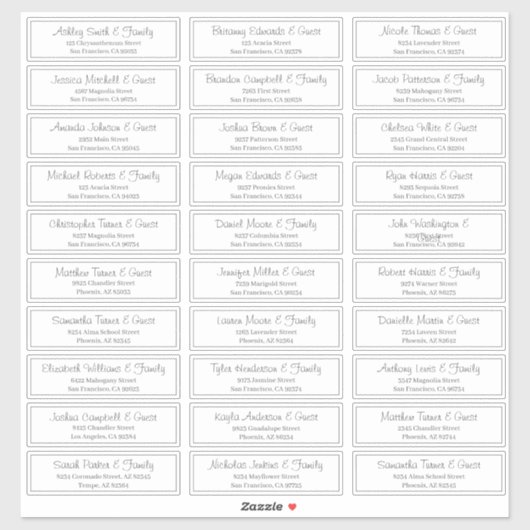 Modern Script Wedding Guest Names Adres Sticker (Vel)