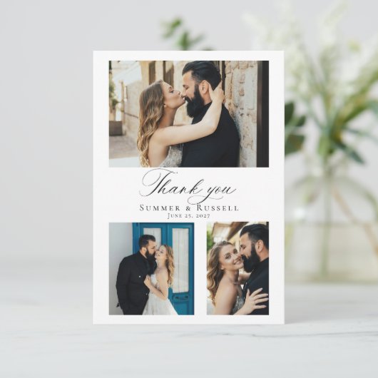 Modern Script Wedding Photo Collage Bedankkaart (Staand voorkant)