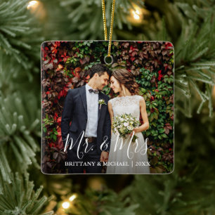 Modern Script Wedding Photo Mr. & Mrs. Keramisch Ornament