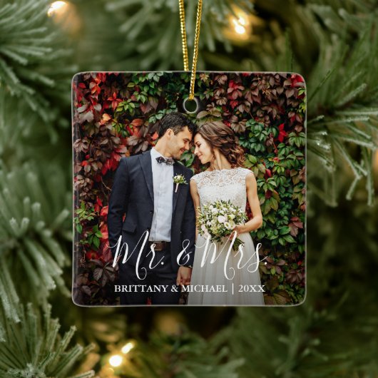 Modern Script Wedding Photo Mr. & Mrs. Keramisch Ornament (Boom)