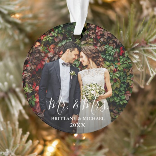 Modern Script Wedding Photo Mr. & Mrs. Ornament (Boom)