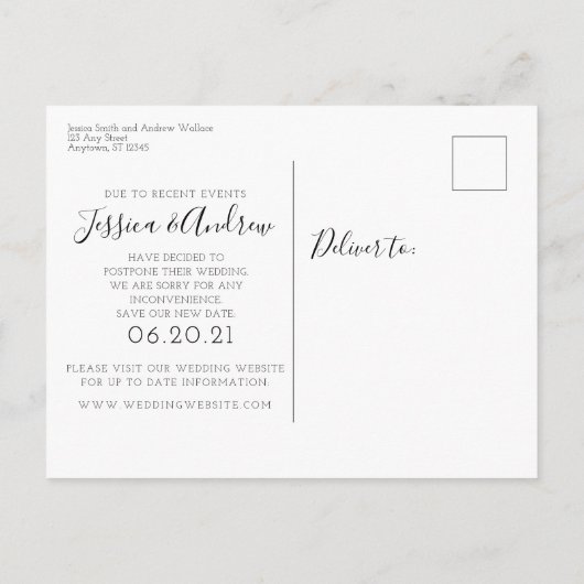 Modern Script Wedding Postponement Save New Date Aankondigingskaart (Achterkant)