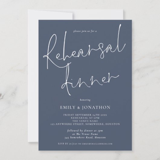 Modern Script Wedding Rehearsal Dinner Dusty Navy Kaart (Voorkant)