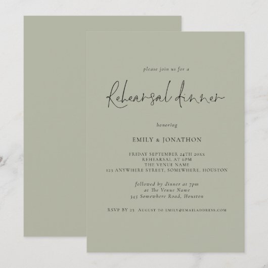 Modern Script Wedding Rehearsal Dinner Light Sage Kaart (Voorkant / Achterkant)