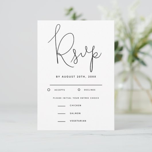 Modern Script Wedding RSVP met maaltijdkeuze (Staand voorkant)