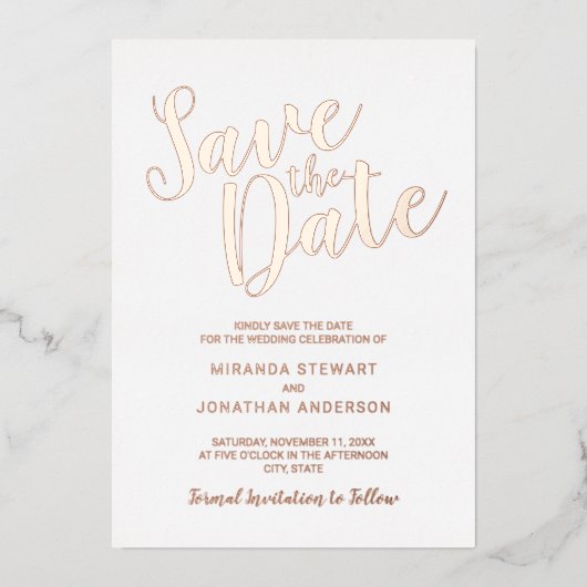 Modern Script Wedding Save the Date Roos Gold Folie Uitnodiging (Voorkant)