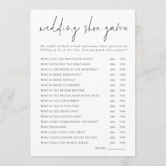 Modern Script Wedding Shoe Game Kaart (Voorkant)