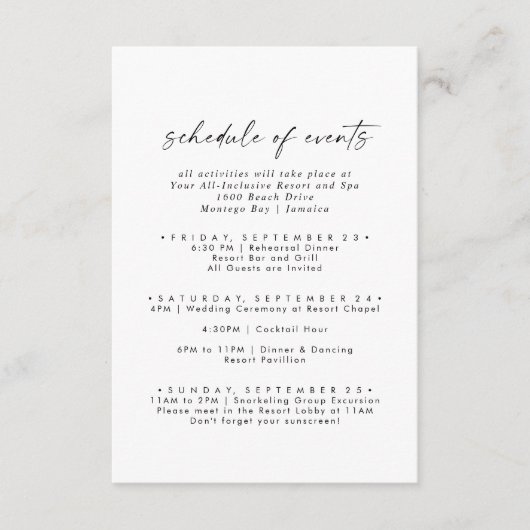 Modern Script Wedding Weekend Planning van Gebeurt Informatiekaartje (Voorkant)