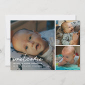 Modern Script "Welcome" 4-Photo Baby Birth Aankondiging (Voorkant)