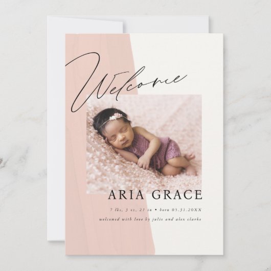 Modern Script Welkom Baby Meisje Geboorte Aankondiging (Voorkant)