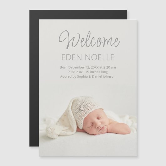 Modern Script Welkom Geboorteaankondigingsmagneet (Voorkant / Achterkant)