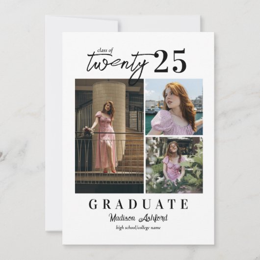 Modern Script White 3 Photo Collage Afstuderen Aankondiging (Voorkant)
