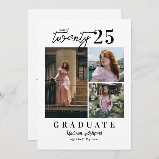 Modern Script White 3 Photo Collage Afstuderen Aankondiging (Voorkant / Achterkant)