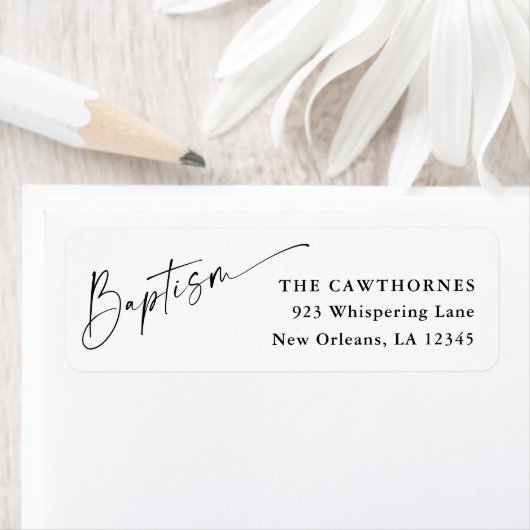Modern Script White Baptism Retouradres Etiket (Insitu)
